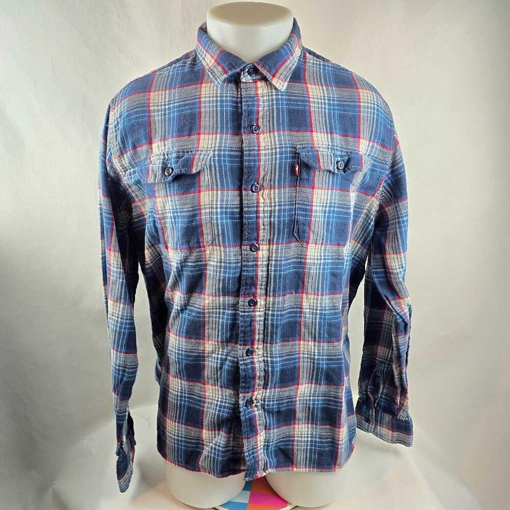 Levi's Shirt Mens 2XL Blue Flannel Button Up Lightweight Plaid Check Outdoors